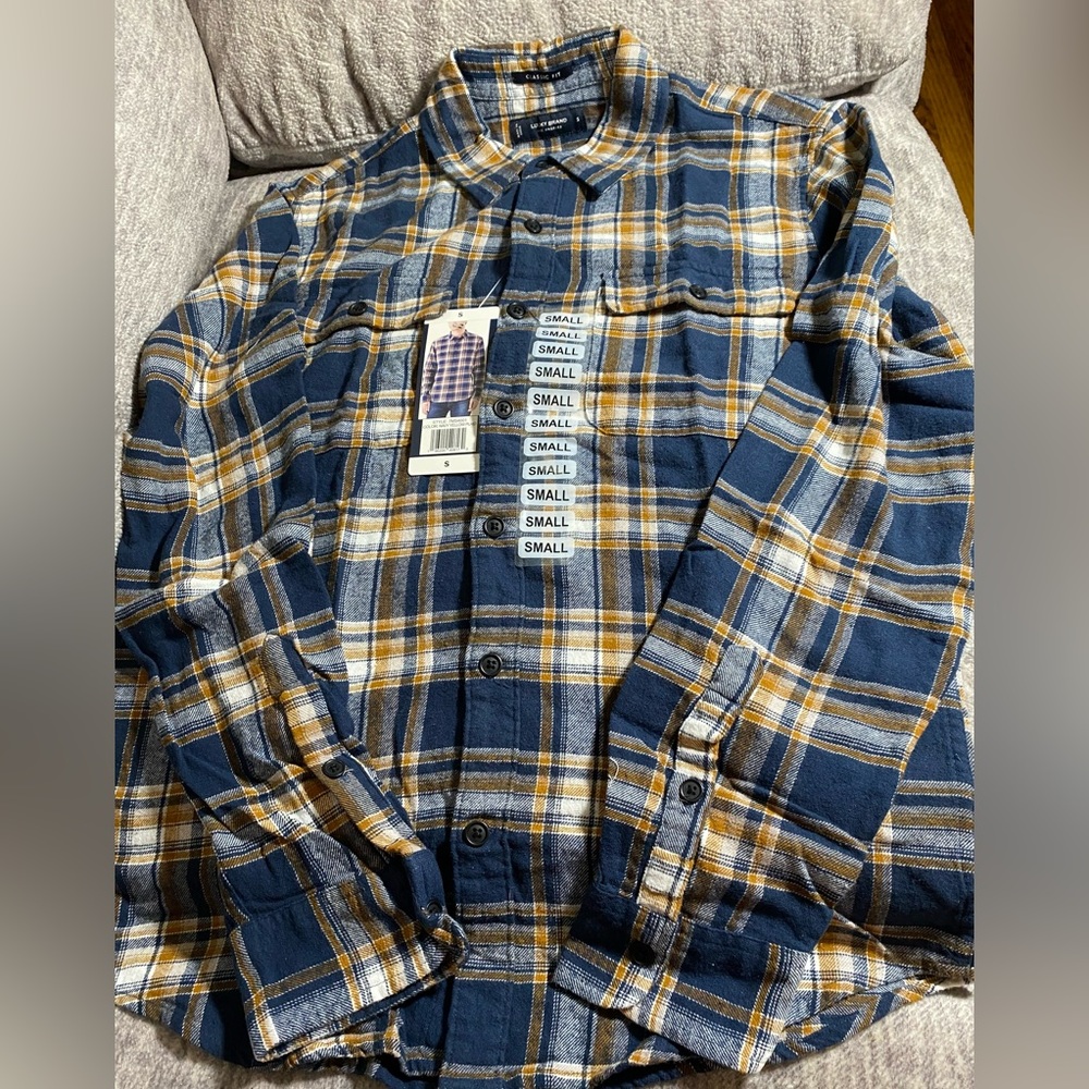 Lucky Brand Men's Blue and Mustard Plaid Button-Down Shirt